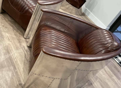 Aviator Bank Fauteuil Bank club Lounge Vliegtuig Retro Echt Leer Vintage Aluminium